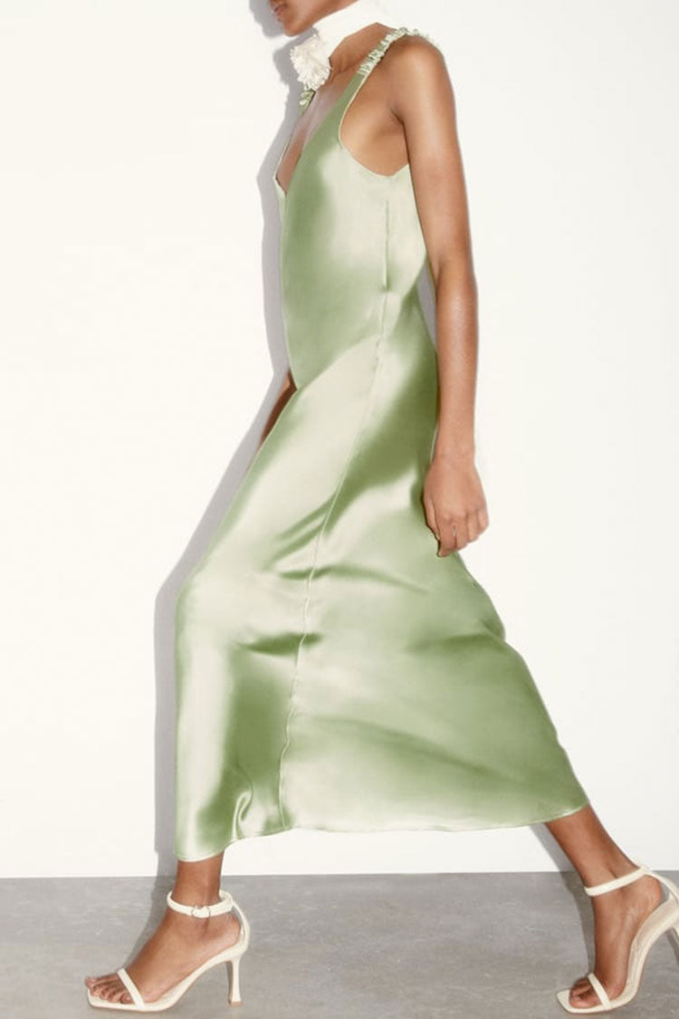 Green Deep V-Neck Ruched Strap Sleeveless Satin Slip Maxi Dress 2