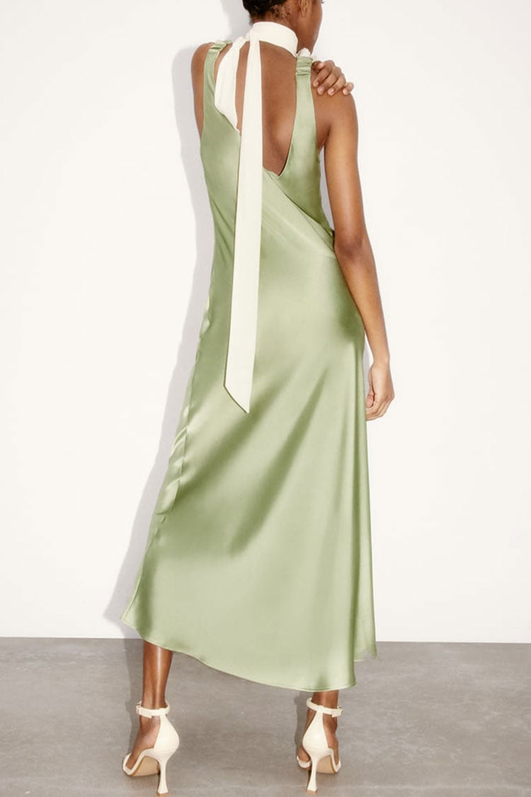 Green Deep V-Neck Ruched Strap Sleeveless Satin Slip Maxi Dress 3