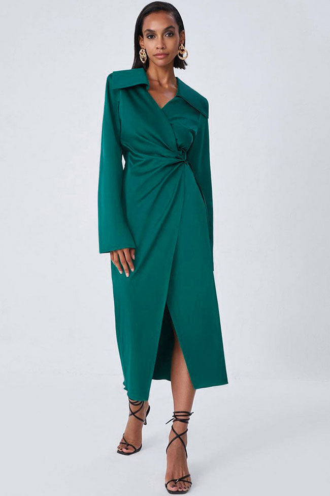 Emerald Green Collared Long Sleeve Satin Twist Wrap Front Slit Maxi Dress
