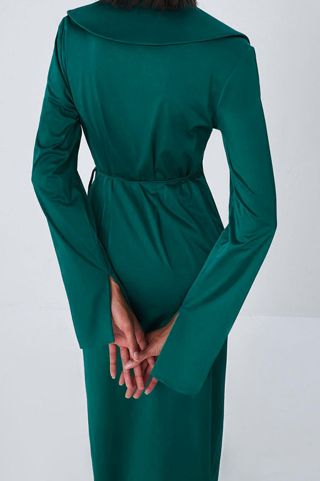 Emerald Green Collared Long Sleeve Satin Twist Wrap Front Slit Maxi Dress