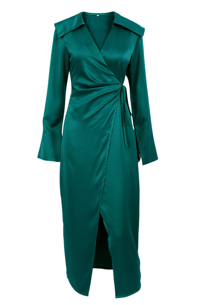 Emerald Green Collared Long Sleeve Satin Twist Wrap Front Slit Maxi Dress