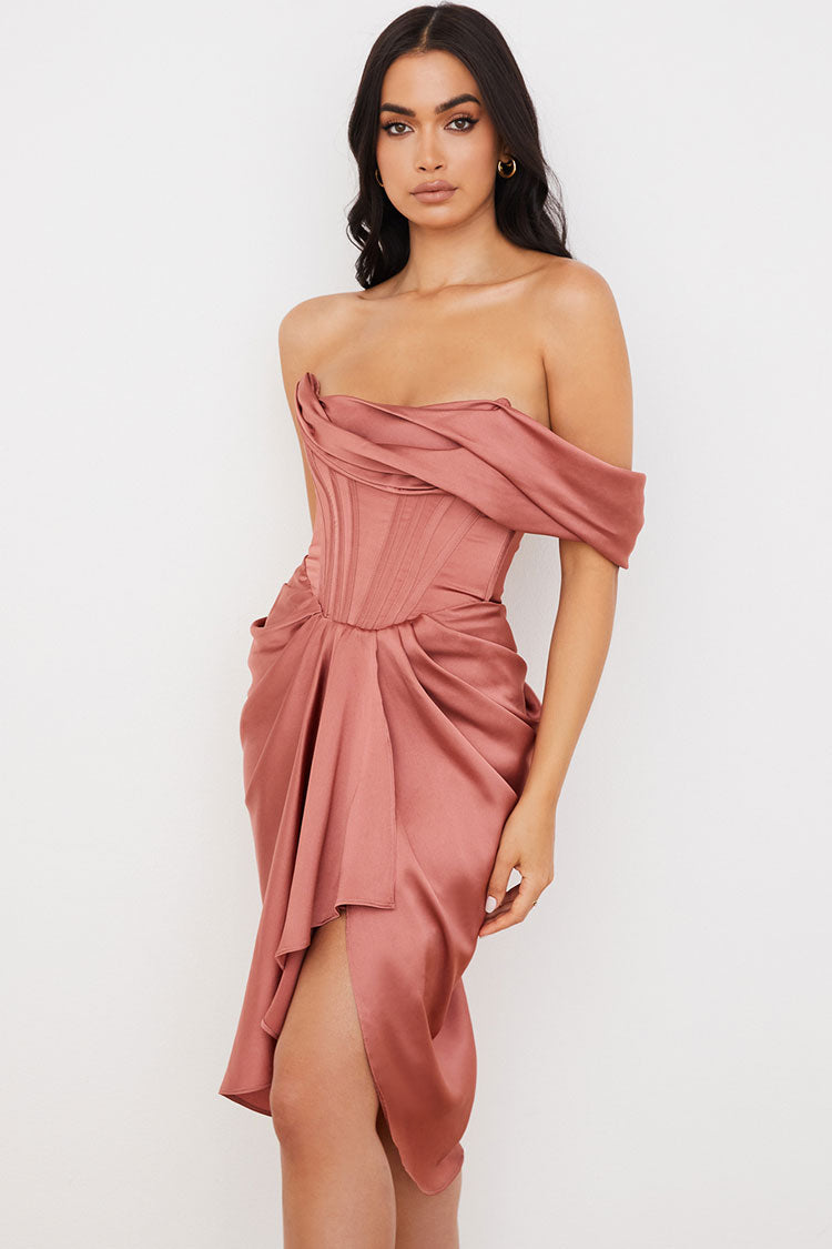 Dusty Pink Off-Shoulder Satin Corset Draped Ruched High Slit Bodycon Midi Dress