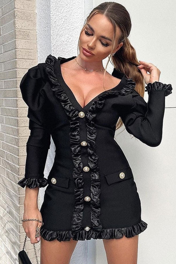 Black Deep V-Neck Puff Sleeve Ruffle Trim Pearl Button Bodycon Mini Dress
