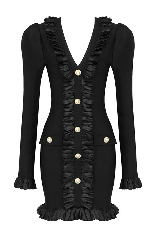 Black Deep V-Neck Puff Sleeve Ruffle Trim Pearl Button Bodycon Mini Dress 4