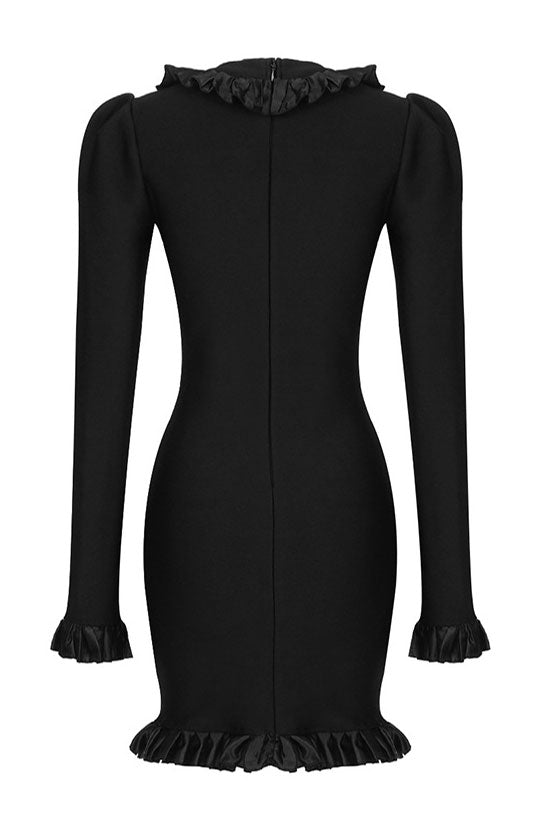 Black Deep V-Neck Puff Sleeve Ruffle Trim Pearl Button Bodycon Mini Dress 5