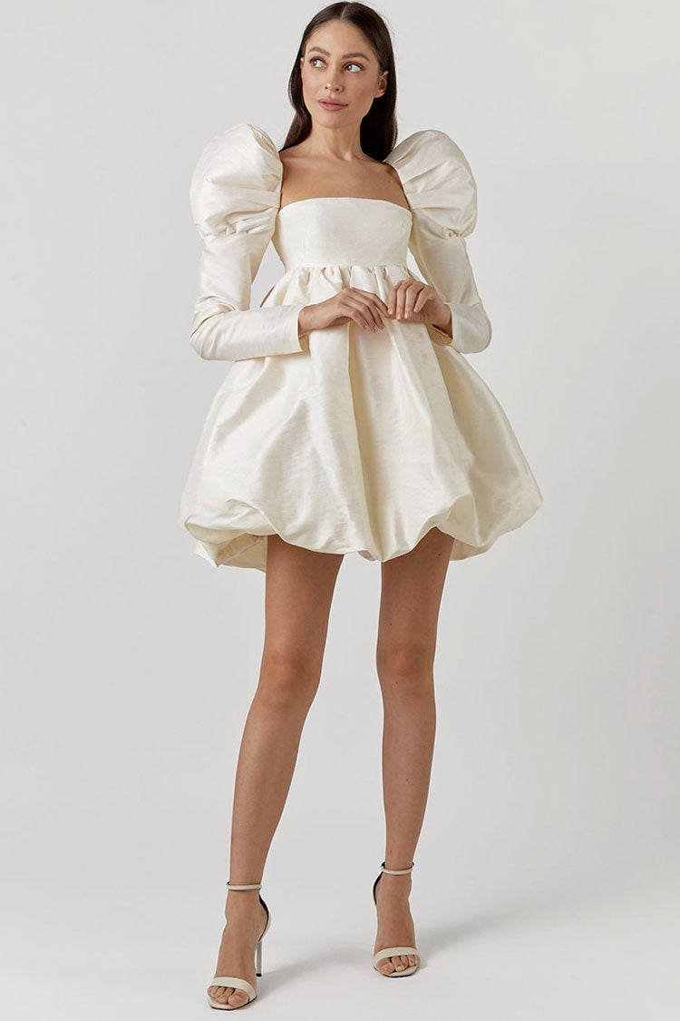Beige Square Neck Puff Sleeve Satin Babydoll Bubble Mini Dress