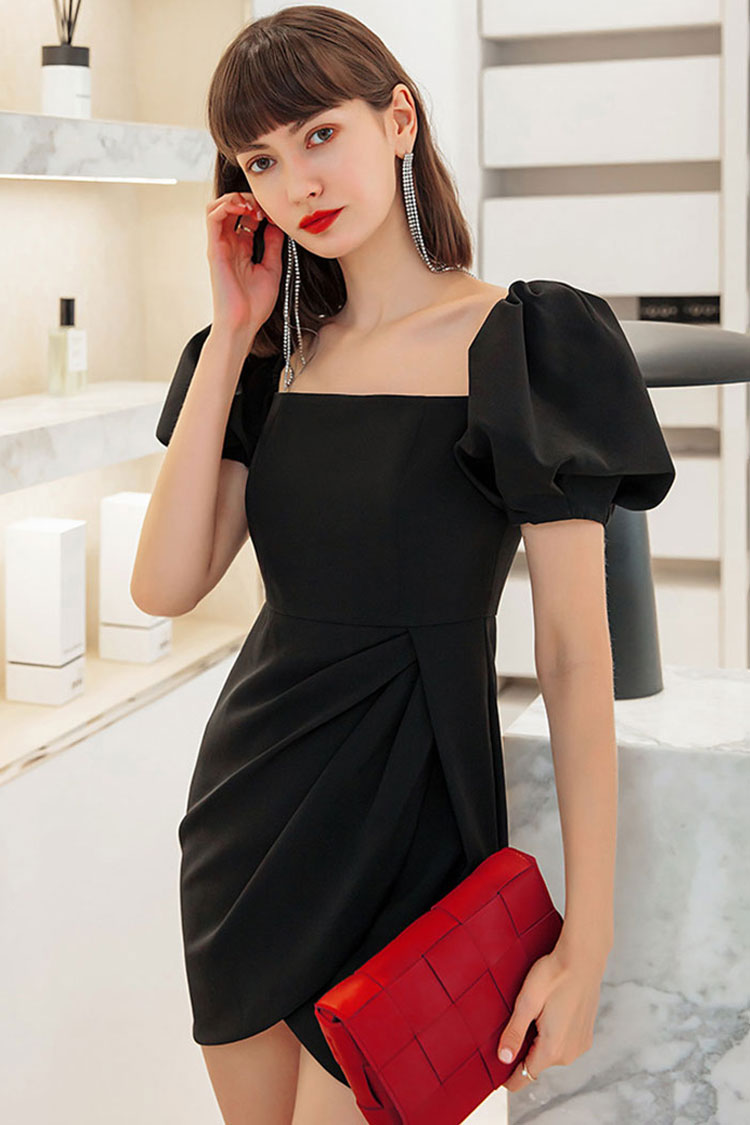 Black Square Neck Puff Sleeve Pleated Wrap Satin Bodycon Mini Dress