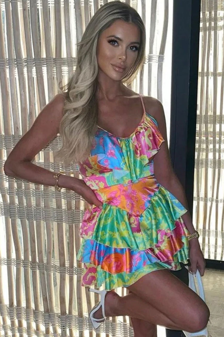 Floral V-Neck Satin Baroque Print Ruffle Tiered Mini Sundress