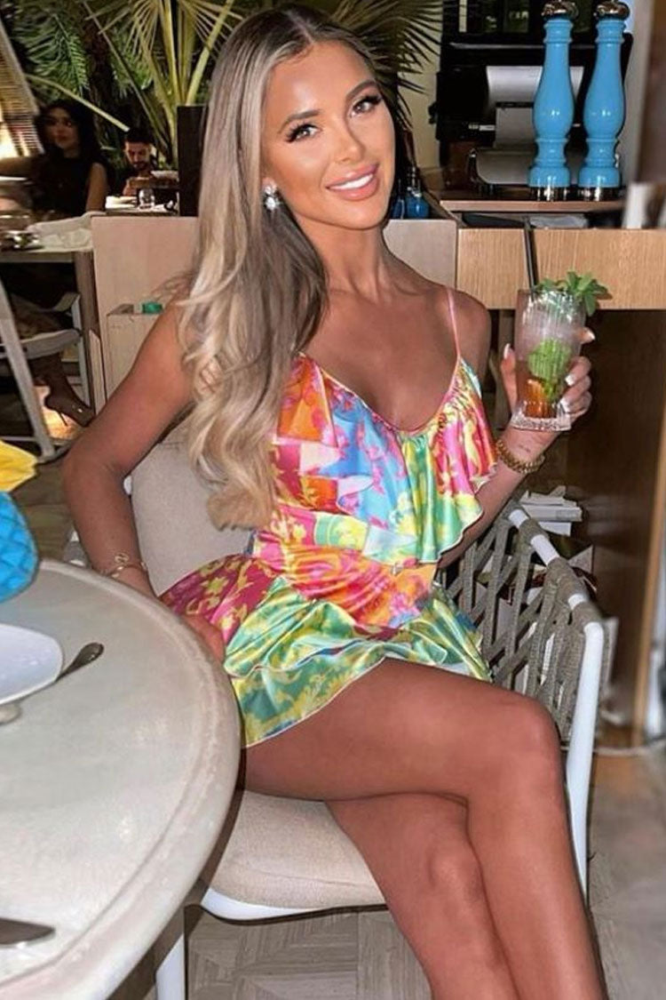 Floral V-Neck Satin Baroque Print Ruffle Tiered Mini Sundress