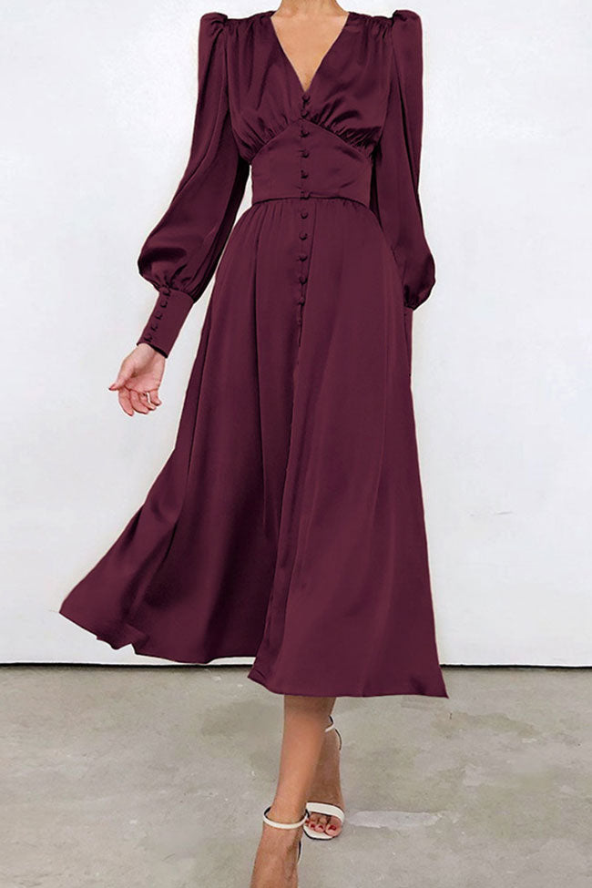 Burgundy V-Neck Satin Puff Sleeve Button Up A-Line Midi Dress