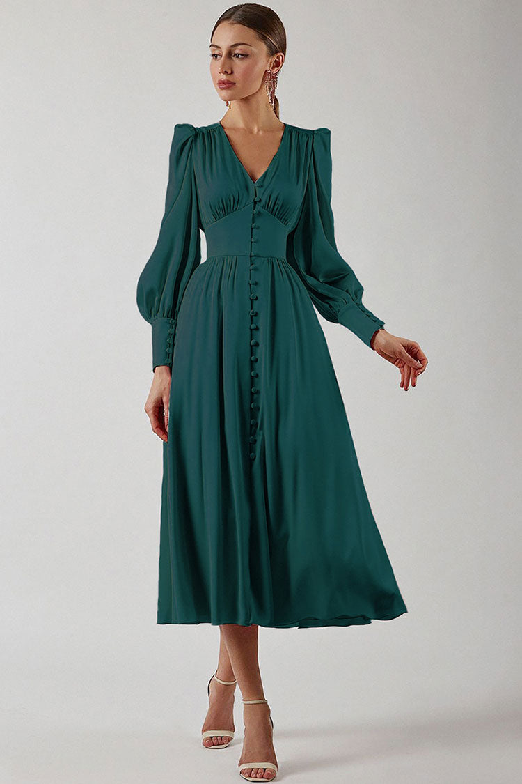 Dark Green V-Neck Satin Puff Sleeve Button Up A-Line Midi Dress
