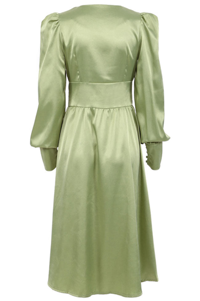 Green V-Neck Satin Puff Sleeve Button Up A-Line Midi Dress