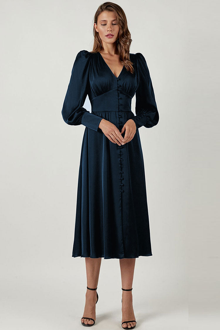 Navy Blue V-Neck Satin Puff Sleeve Button Up A-Line Midi Dress