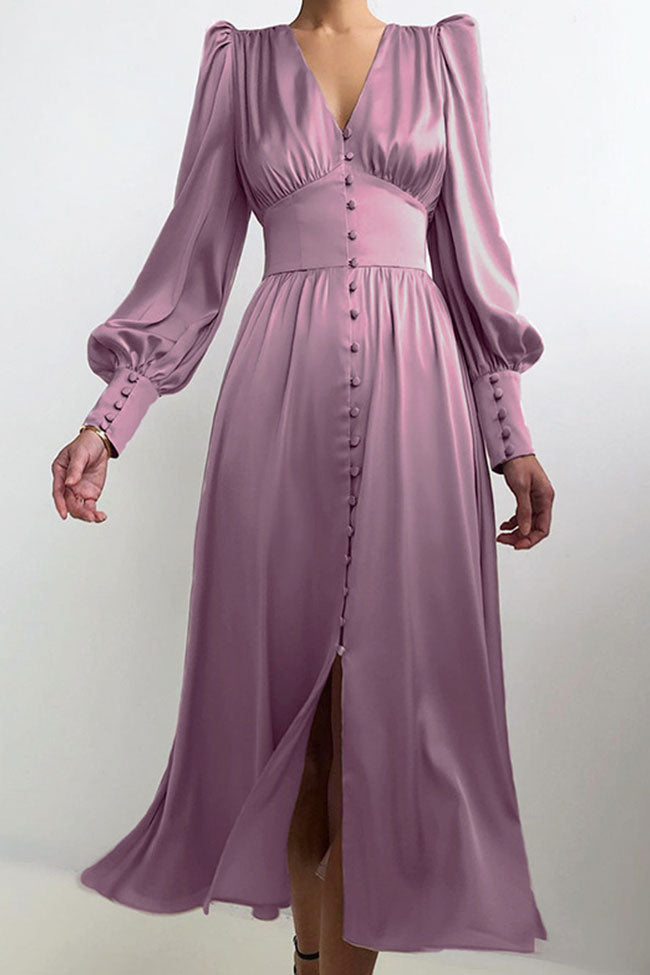 Purple V-Neck Satin Puff Sleeve Button Up A-Line Midi Dress