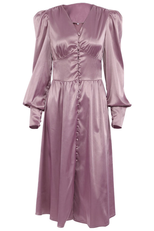 Purple V-Neck Satin Puff Sleeve Button Up A-Line Midi Dress