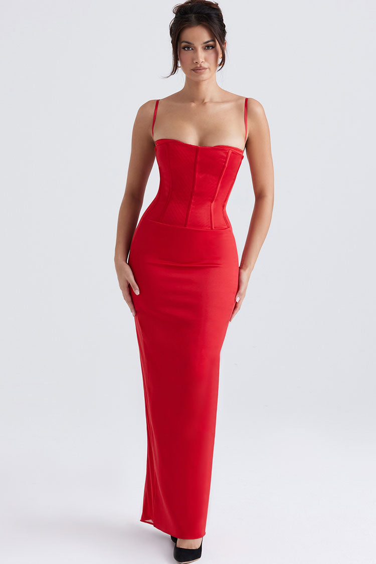 Red Spaghetti Strap Satin Corset Bodycon Maxi Dress
