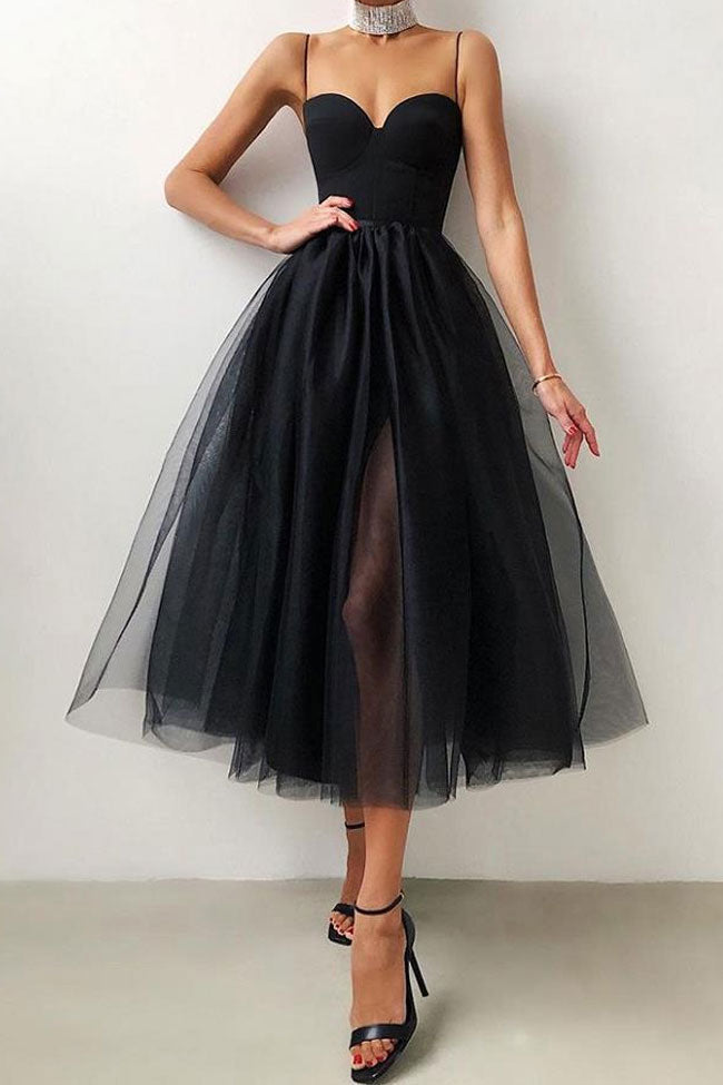 Black Sweetheart Spaghetti Strap Corset Tulle Fit and Flare Midi Dress