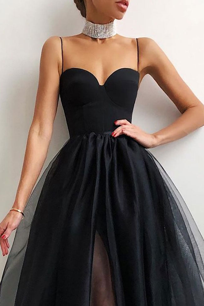 Black Sweetheart Spaghetti Strap Corset Tulle Fit and Flare Midi Dress