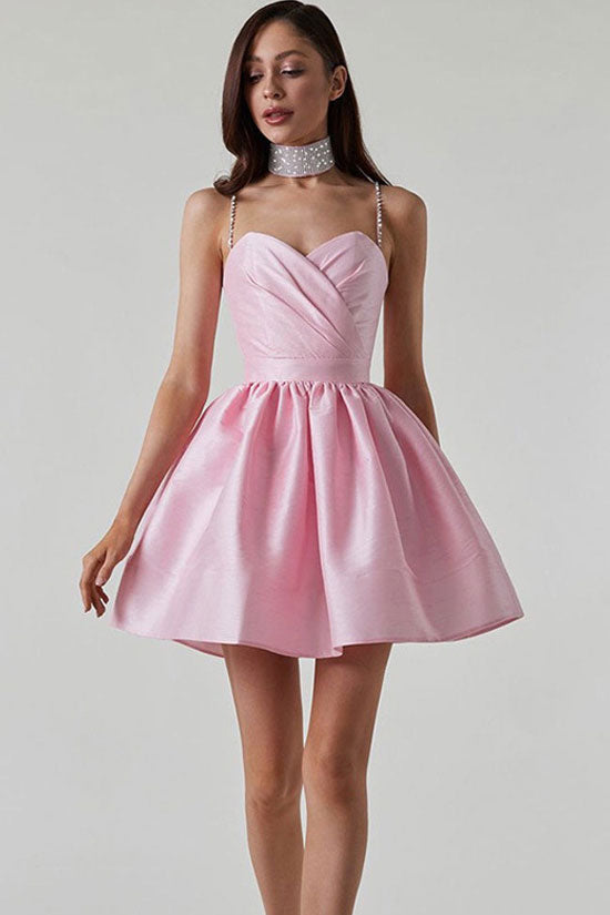 Pink Sweetheart Neck Rhinestone Strap Pleated Satin Skater Mini Dress