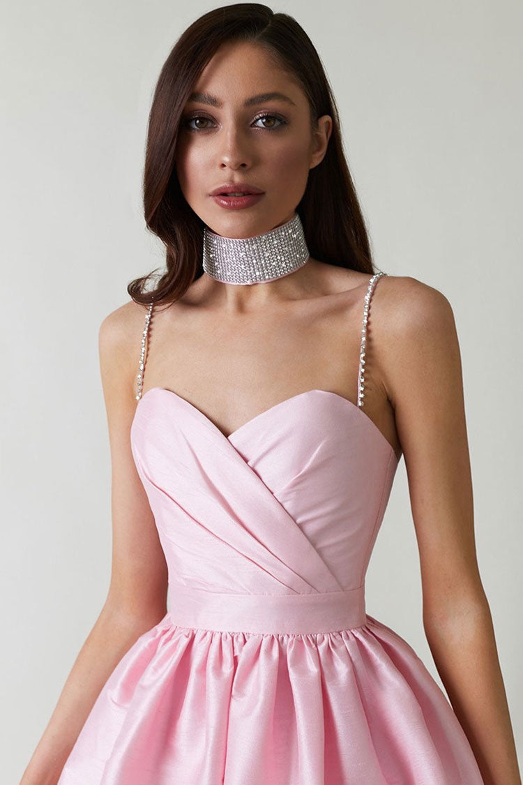 Pink Sweetheart Neck Rhinestone Strap Pleated Satin Skater Mini Dress