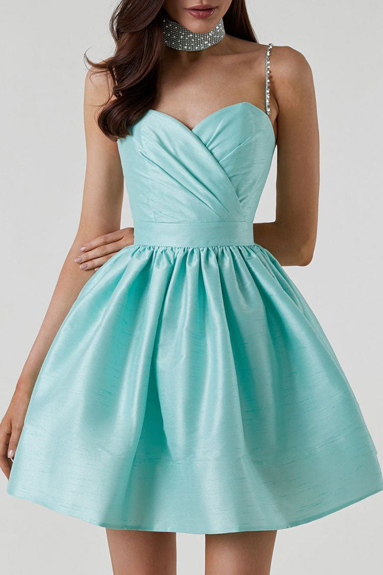 Teal Sweetheart Rhinestone Strap Pleated Satin Skater Mini Dress
