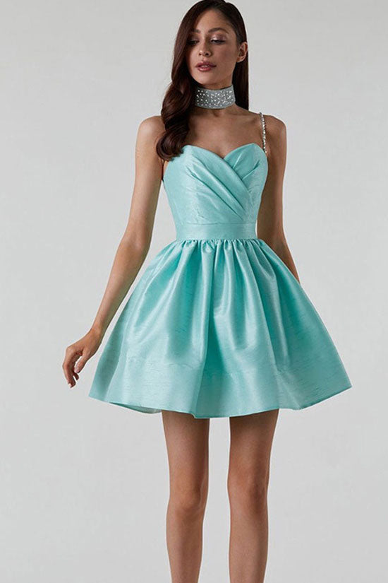 Teal Sweetheart Rhinestone Strap Pleated Satin Skater Mini Dress