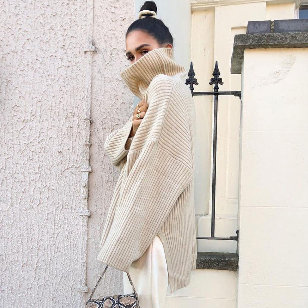 Khaki Turtleneck Long Sleeve Ribbed Split Hem Pullover Sweater