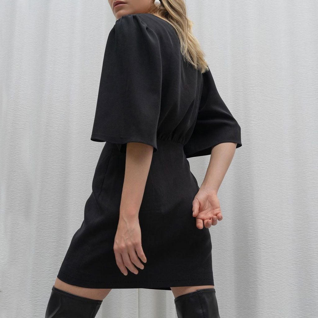 Black V-Neck Flutter Cape Sleeve Cinched Waist A-Line Mini Dress 2