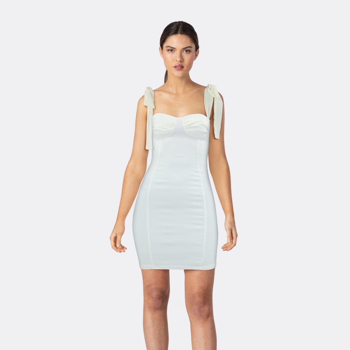 White Sweetheart Neck Tie Strap Ruched Bustier Chiffon Maxi Dress