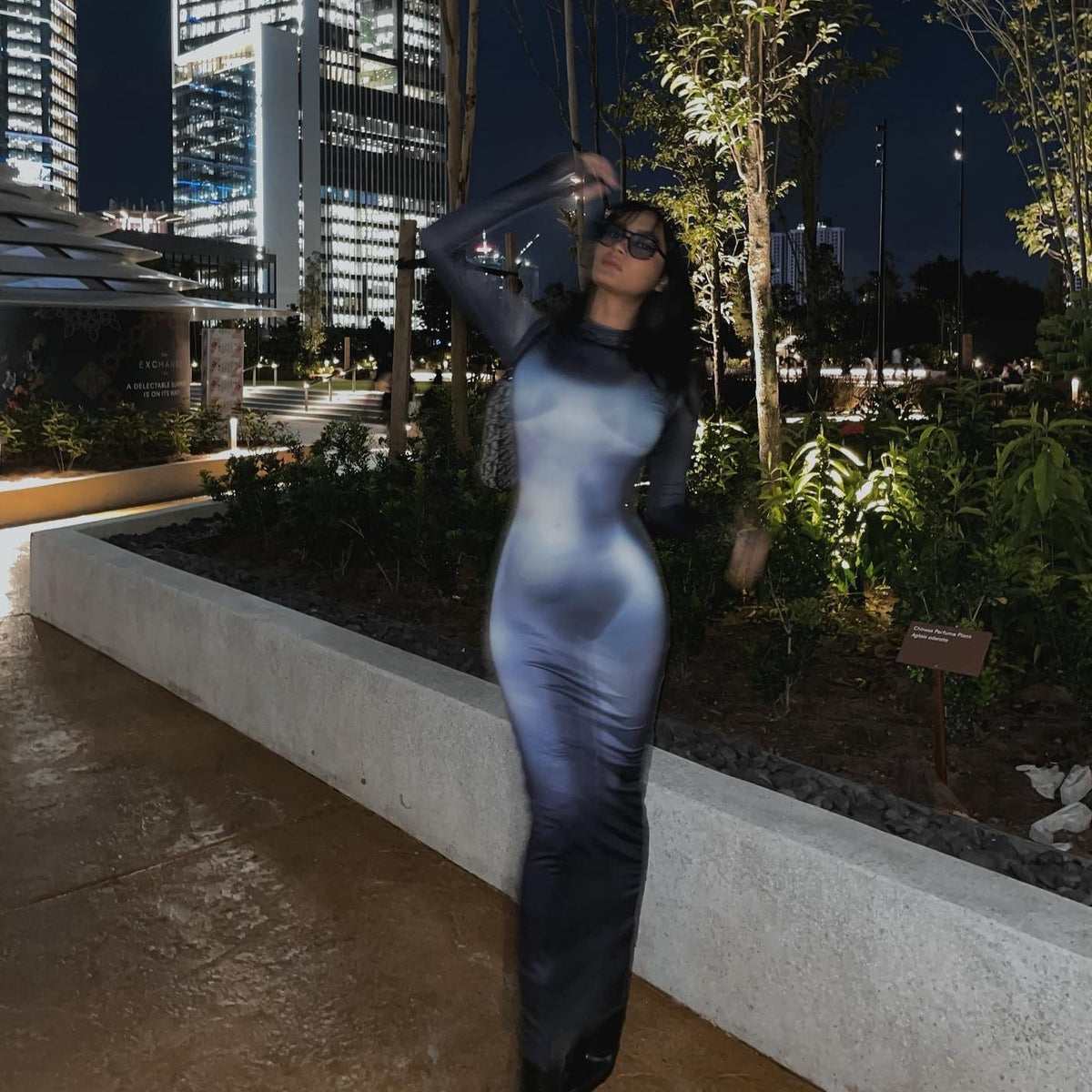 Blue Mock Neck Body Print Long Sleeve Bodycon Maxi Dress