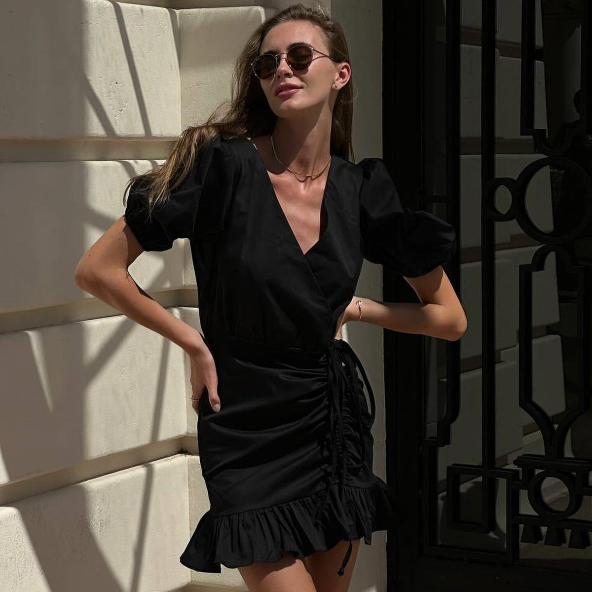 Surplice Neck Puff Sleeve Ruched Drawstring Ruffle Hem Mini Dress 6