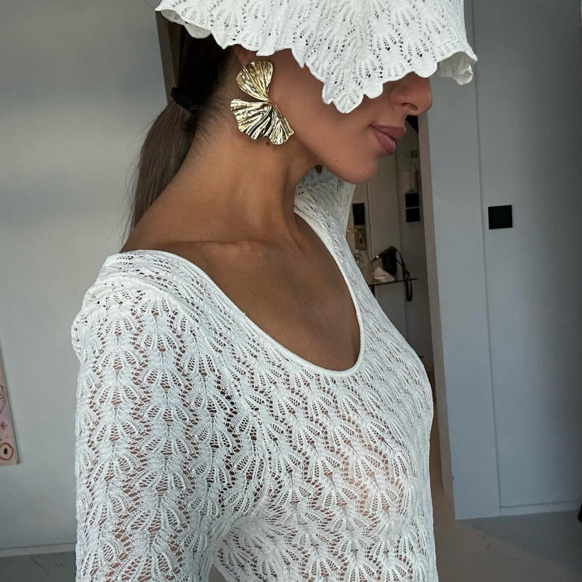 Ivory Long Sleeve Pointelle Crochet Knit Bodycon Maxi Dress 4