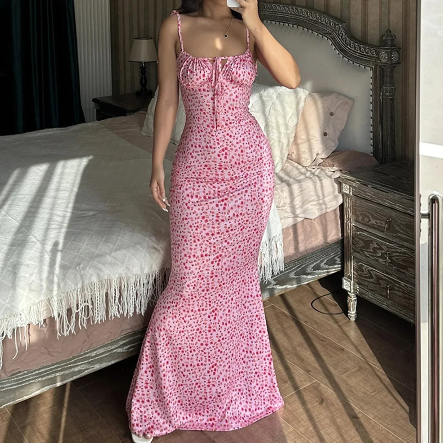 Spaghetti Bodycon Blue Floral Dress Pink / S