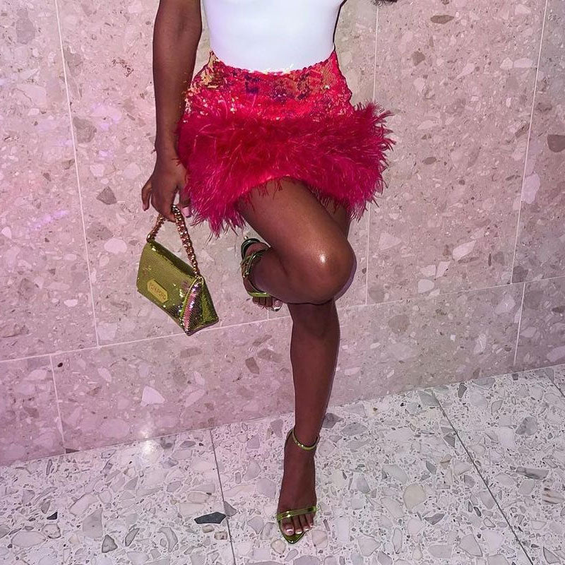 Hot Pink Sequin Feather Trim High Waist Bodycon Mini Skirt