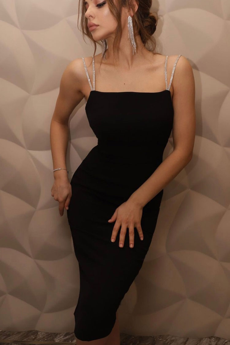 Black Rhinestone Strap Straight Neck Bodycon Midi Dress