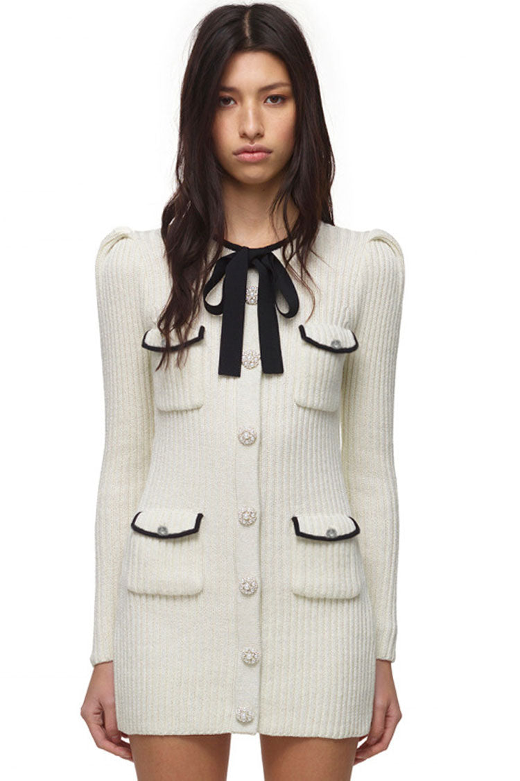 White Round Neck Bow Tie Button Front Ribbed Knit Mini Dress