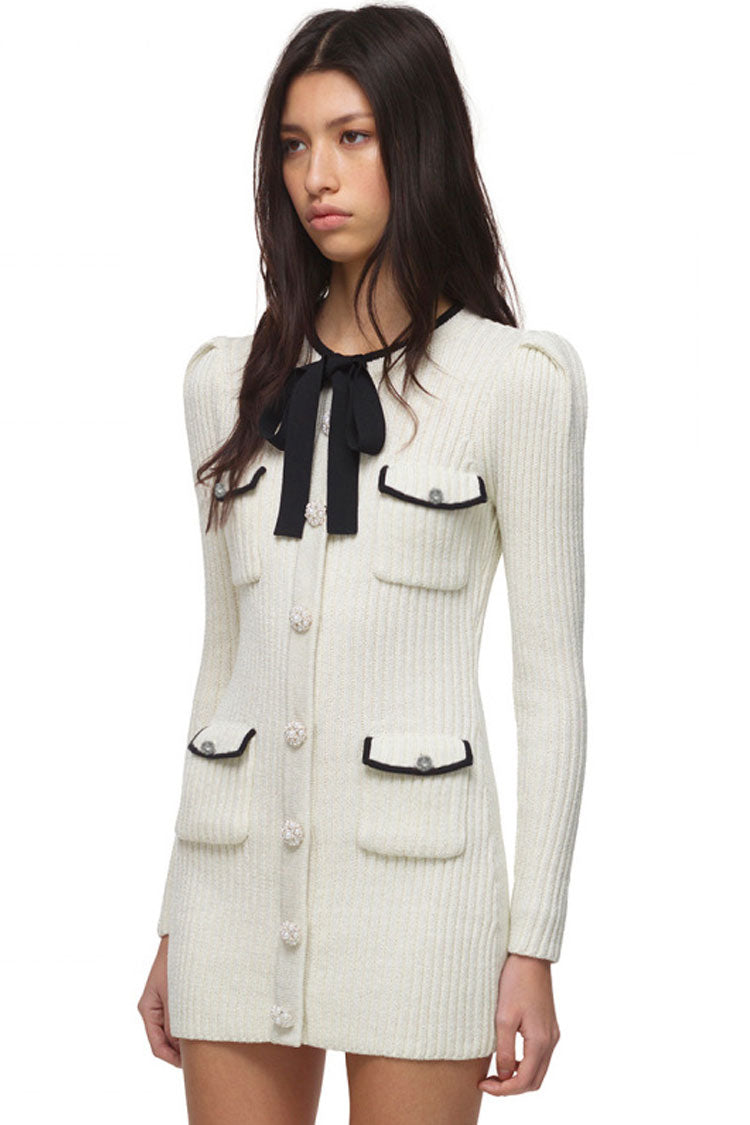 White Round Neck Bow Tie Button Front Ribbed Knit Mini Dress
