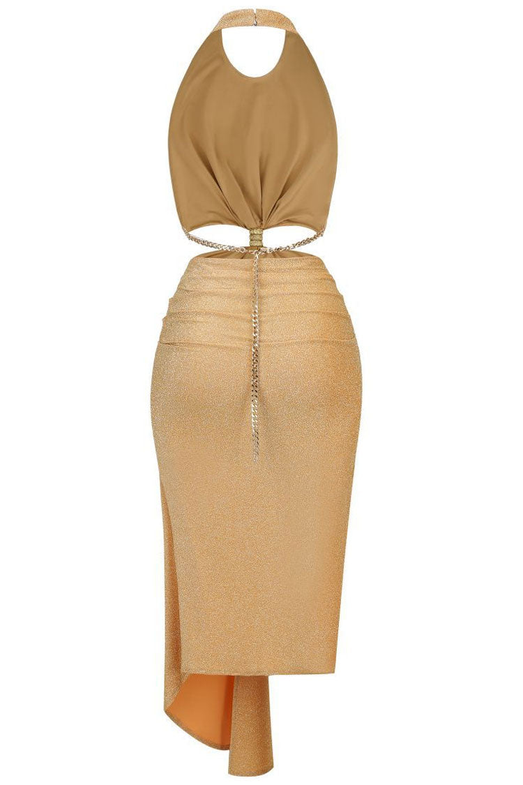Champagne Halter Neck Cutout Twist Front Ruched High Slit Maxi Dress 5