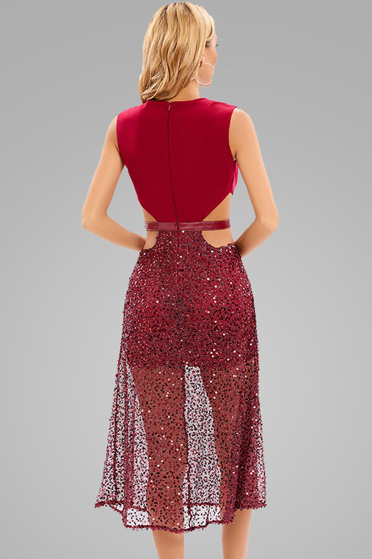 Burgundy Plunge Neck Sleeveless Waist Cutout Sequin Sheer Mesh Midi Dress