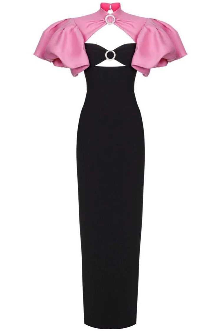 Black Puff Sleeve Bolero Cutout Rosette Applique Bodycon Maxi Dress 3
