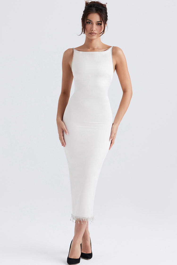 White Boat Neck Sleeveless Satin Rhinestone Fringe Trim Bodycon Midi Dress