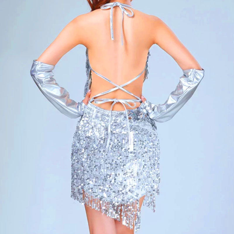 Silver Halter V-Neck Sequin Tassel Fringe Backless Bodycon Mini Dress