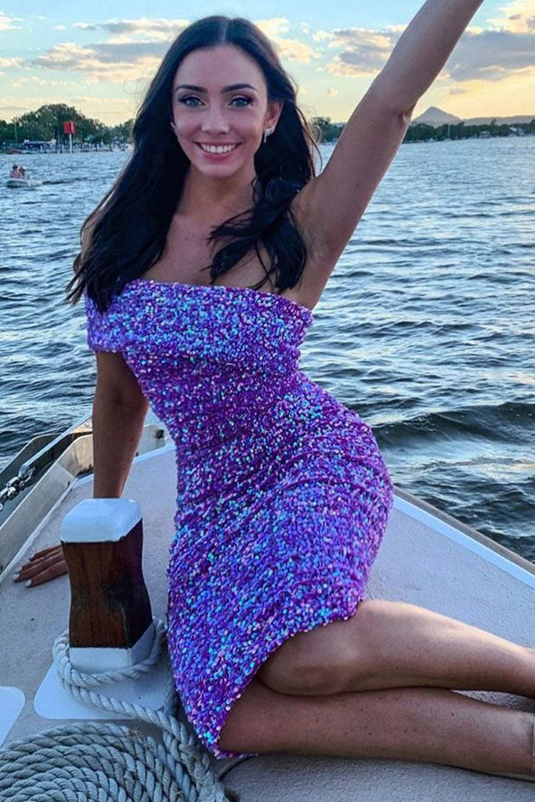 Purple One Shoulder Velvet Sequin Bodycon Midi Dress