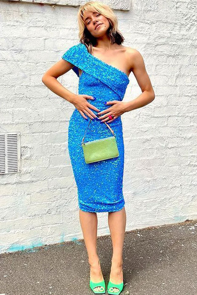 Blue One Shoulder Sequin Velvet Bodycon Midi Dress