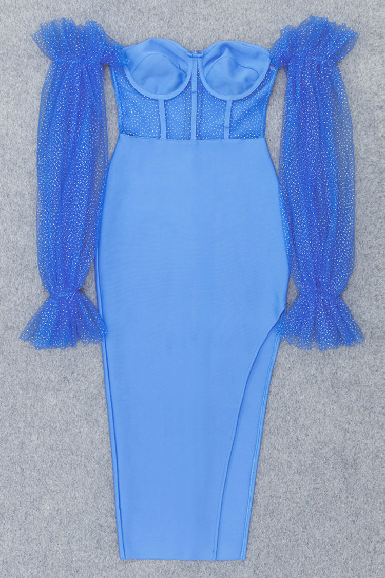 Blue Off-Shoulder Puff Sleeve Corset Sheer Mesh Bodycon Midi Dress