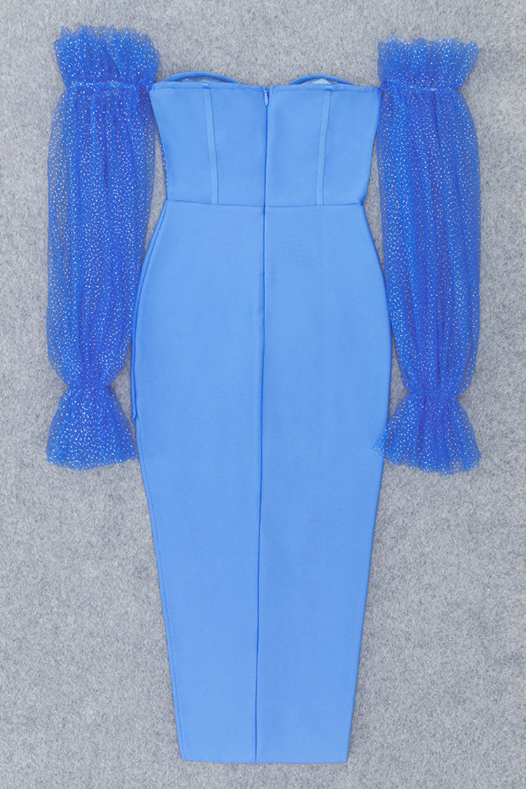 Blue Off-Shoulder Puff Sleeve Corset Sheer Mesh Bodycon Midi Dress