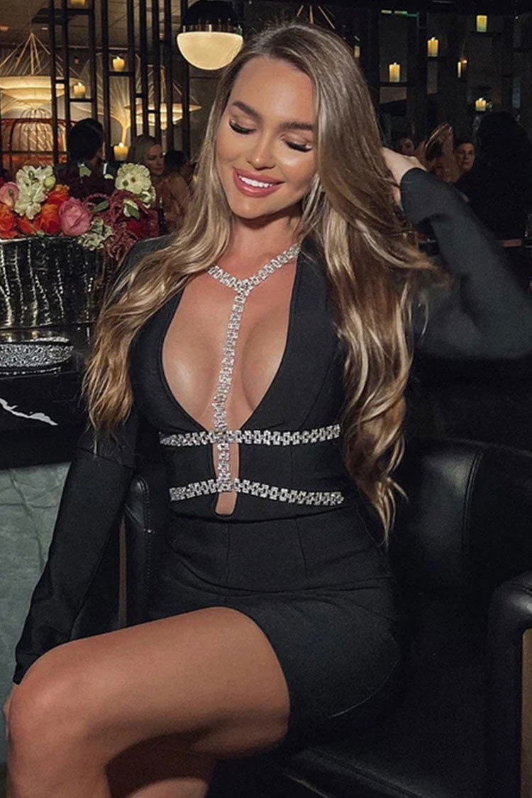 Black Deep V-Neck Rhinestone Embellished Long Sleeve Bandage Bodycon Mini Dress