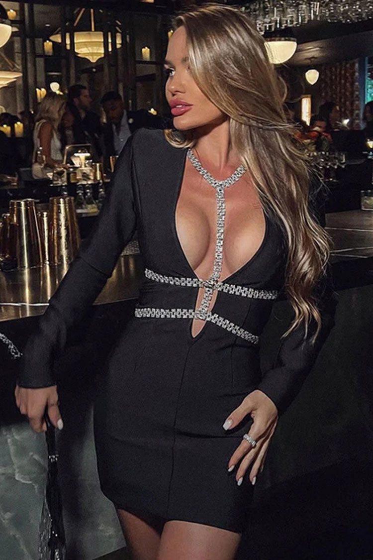 Black Deep V-Neck Rhinestone Embellished Long Sleeve Bandage Bodycon Mini Dress