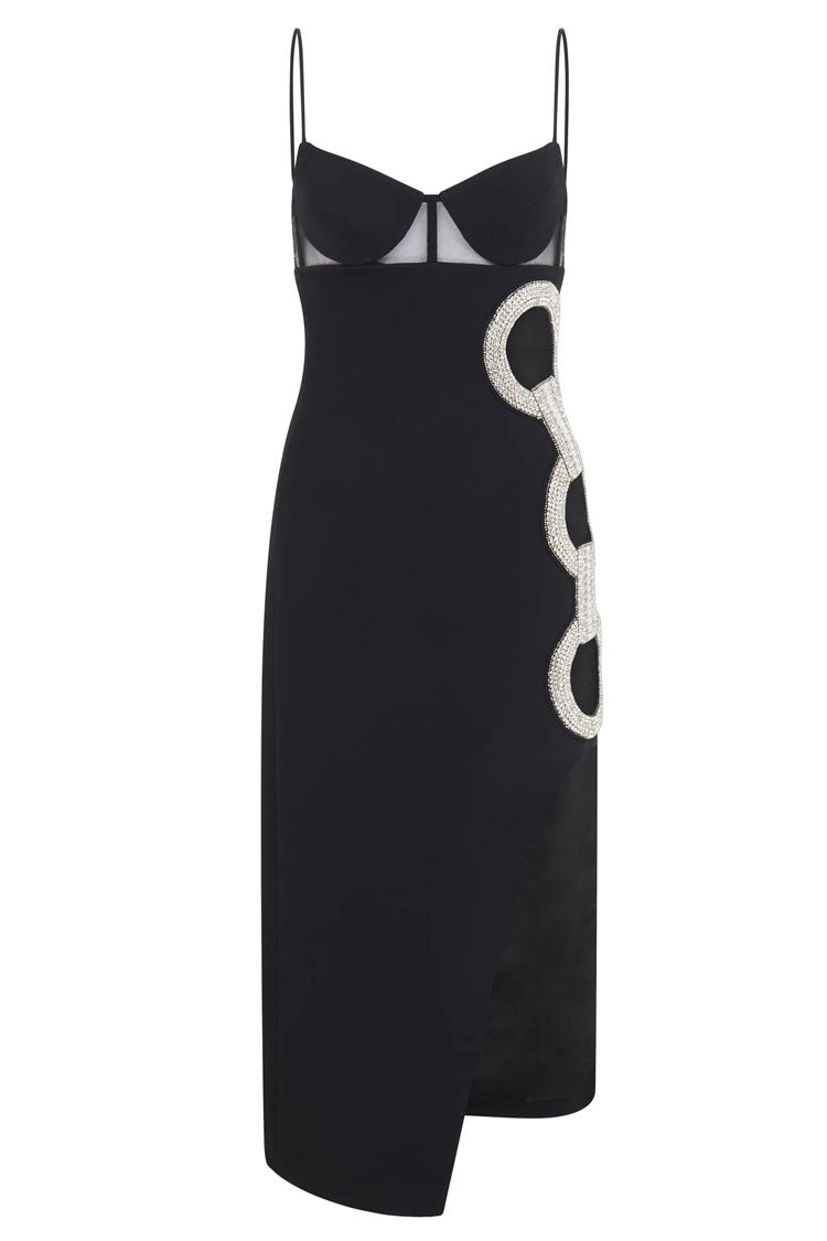 Black Spaghetti Strap Rhinestone O-Ring Cutout Bandage Midi Dress