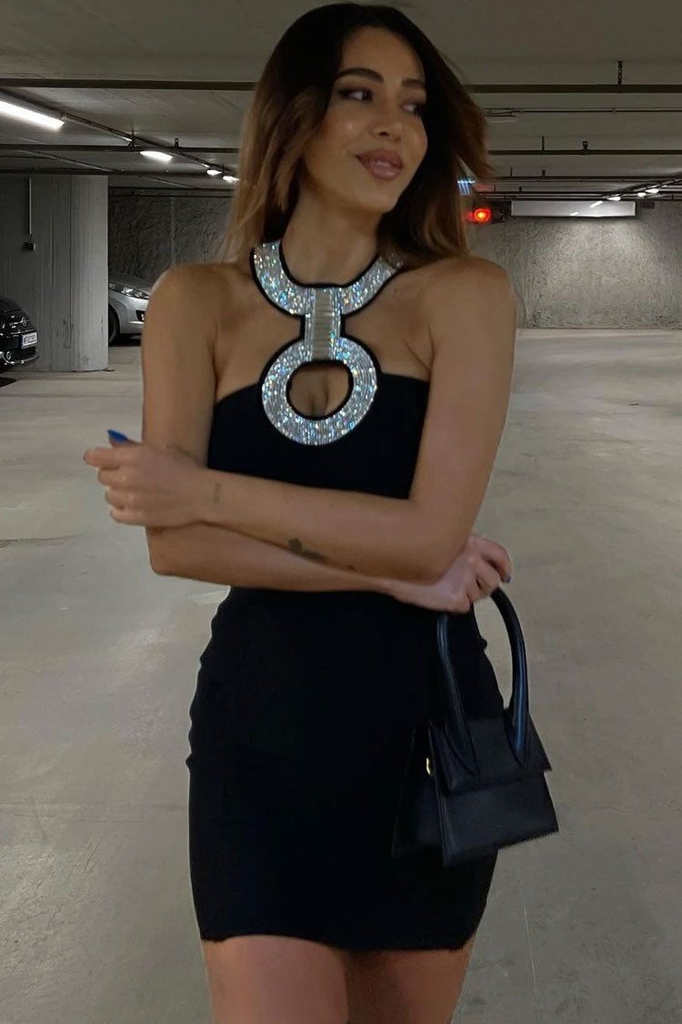 Black Halter Neck Rhinestone O-Ring Cutout Bandage Bodycon Mini Dress